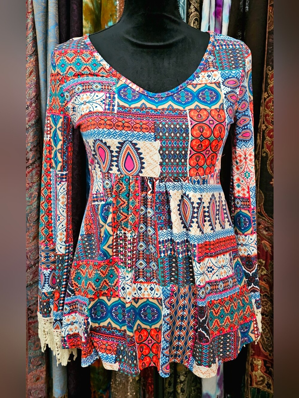 Boho Patchwork Long-Sleeve Top - Multicolor